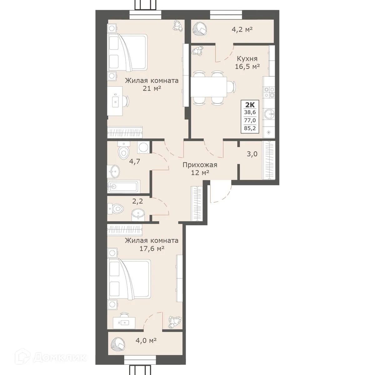 Планировка 2-комнатной квартиры 85.2 м² в ЖК Моне, г. Ставрополь — фото 1