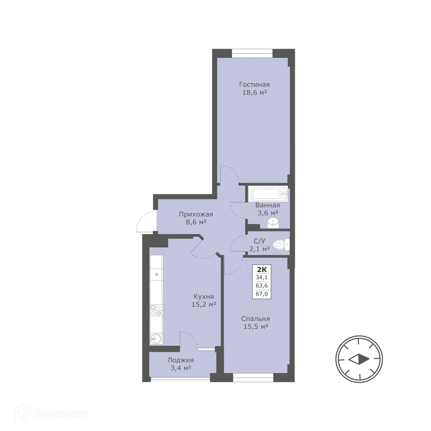 Планировка 2-комнатной квартиры 66.7 м² в ЖК Пионер, г. Ставрополь — фото 1