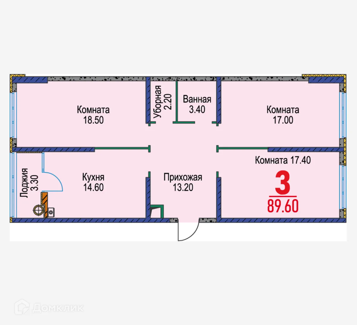 Планировка 3-комнатной квартиры 89.6 м² в ЖК Красный Металлист, г. Ставрополь — фото 1
