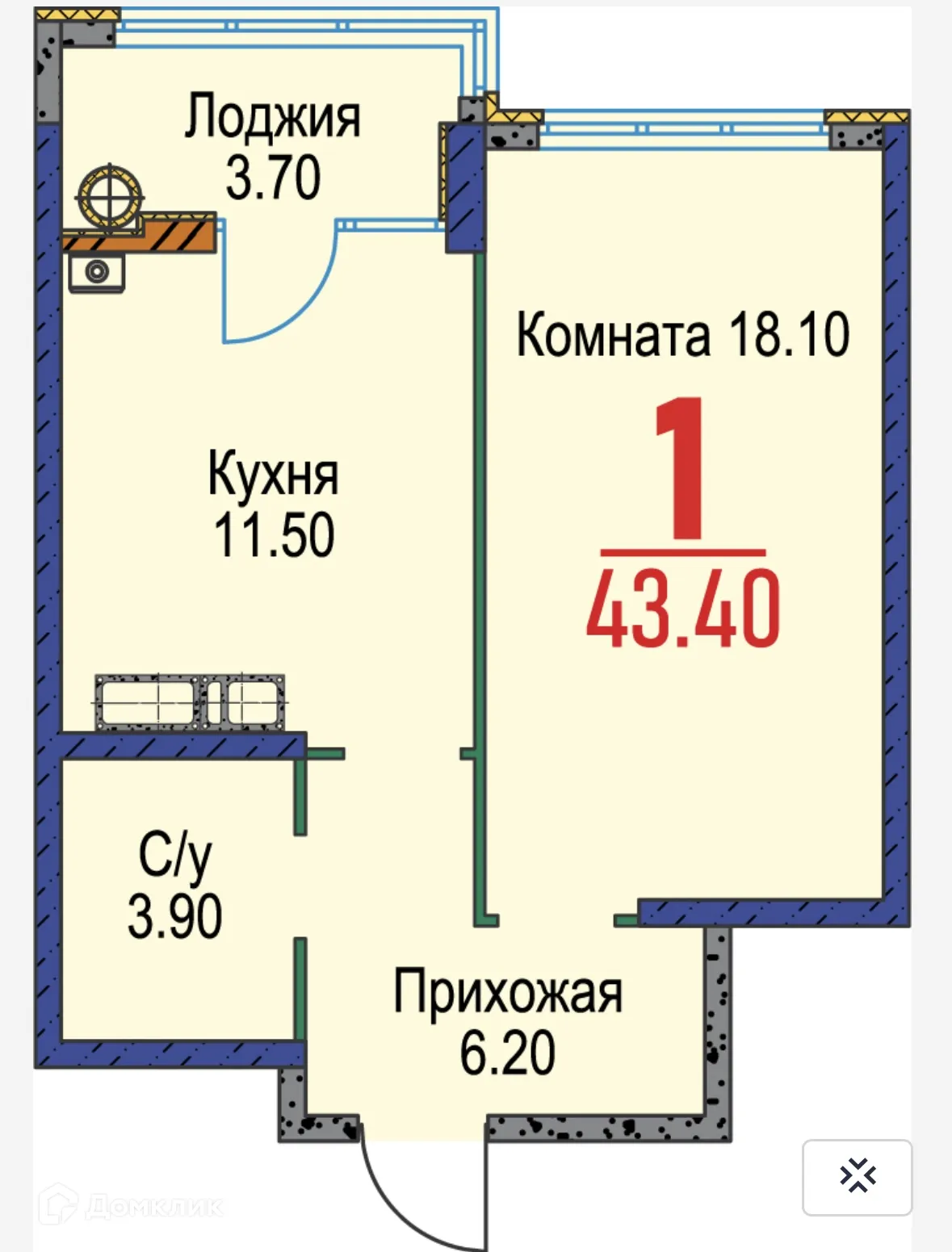 Планировка 1-комнатной квартиры 43.4 м² в ЖК Красный Металлист, г. Ставрополь — фото 1