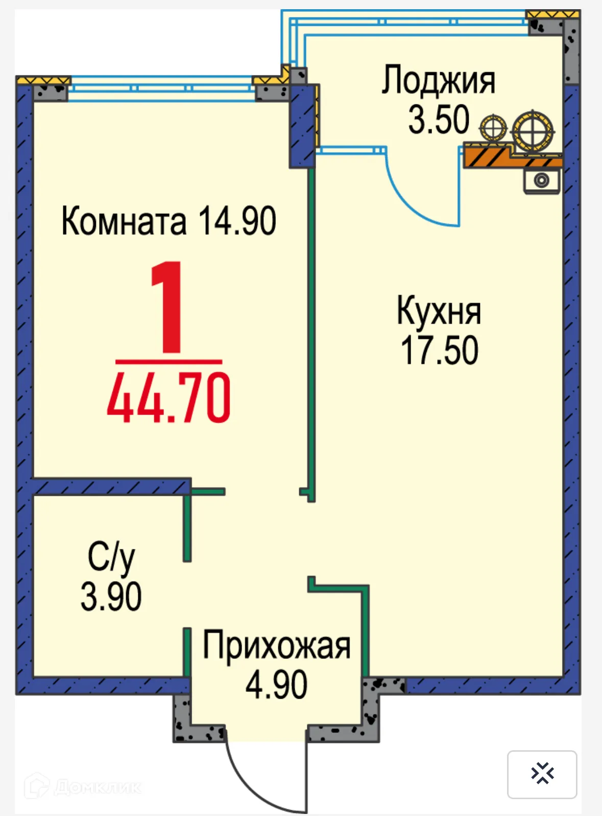 Планировка 1-комнатной квартиры 43.2 м² в ЖК Красный Металлист, г. Ставрополь — фото 1
