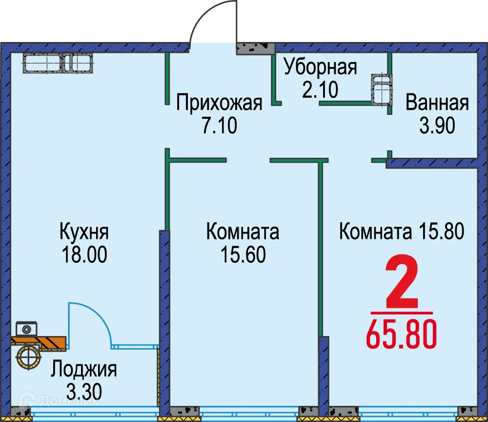 Планировка 2-комнатной квартиры 65.8 м² в ЖК Красный Металлист, г. Ставрополь — фото 1