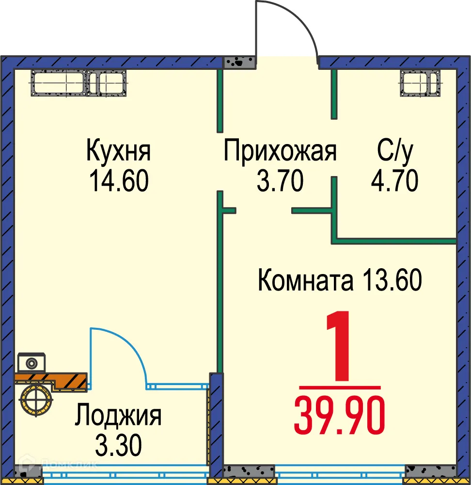Планировка 1-комнатной квартиры 39.9 м² в ЖК Красный Металлист, г. Ставрополь — фото 1