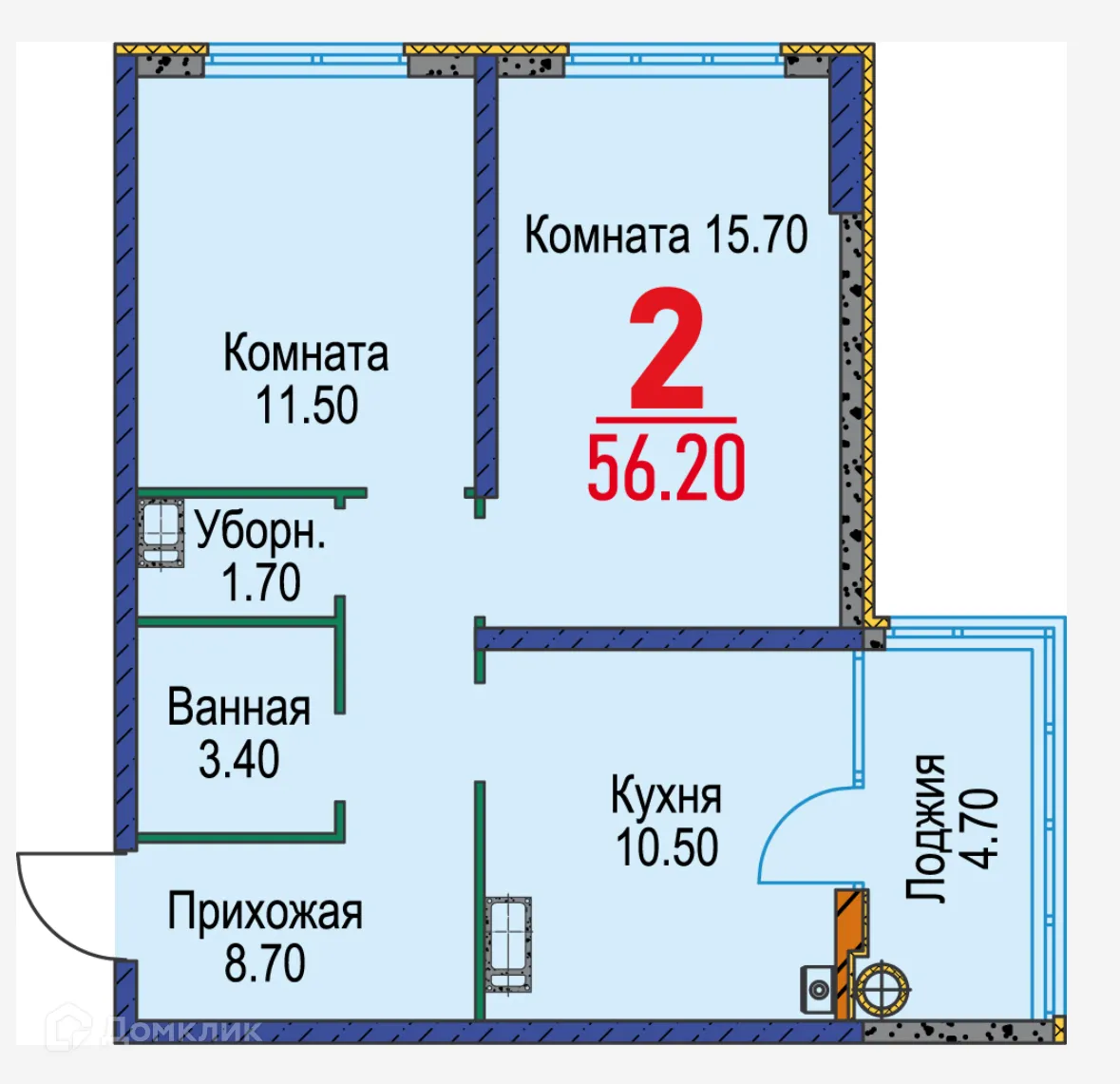 Планировка 2-комнатной квартиры 56.2 м² в ЖК Красный Металлист, г. Ставрополь — фото 1