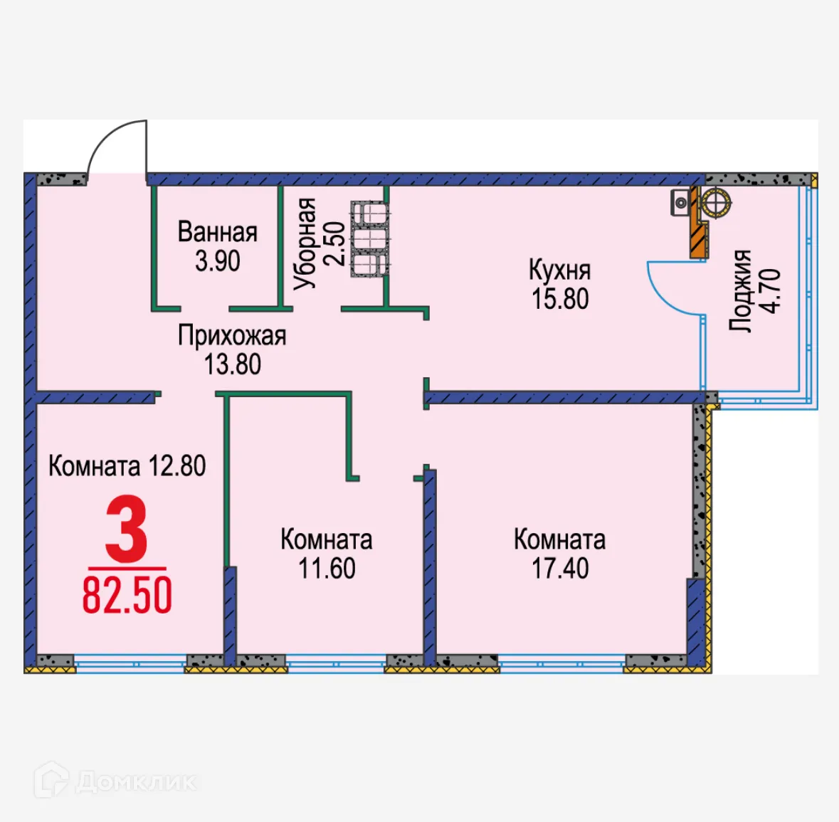 Планировка 3-комнатной квартиры 82.5 м² в ЖК Красный Металлист, г. Ставрополь — фото 1