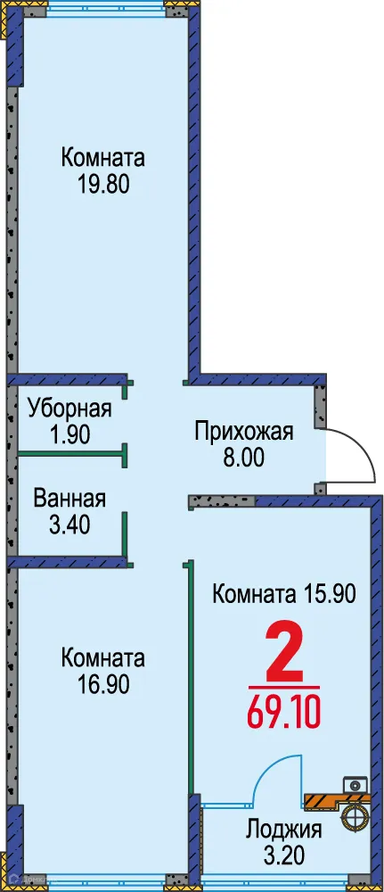 Планировка 2-комнатной квартиры 69.1 м² в ЖК Красный Металлист, г. Ставрополь — фото 1