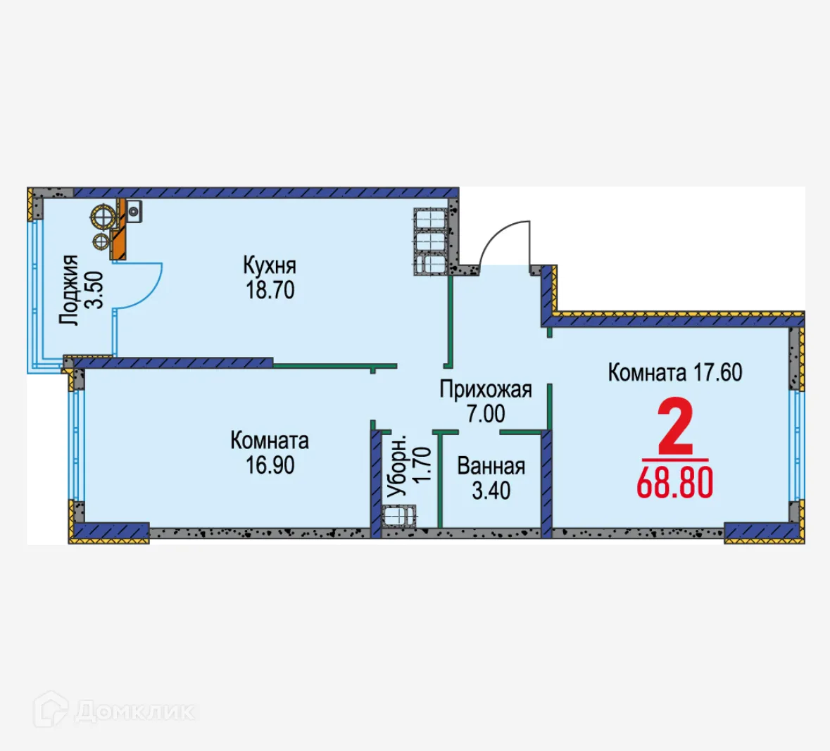 Планировка 2-комнатной квартиры 68.8 м² в ЖК Красный Металлист, г. Ставрополь — фото 1