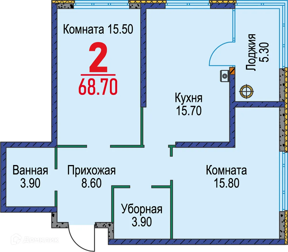 Планировка 2-комнатной квартиры 68.7 м² в ЖК Красный Металлист, г. Ставрополь — фото 1