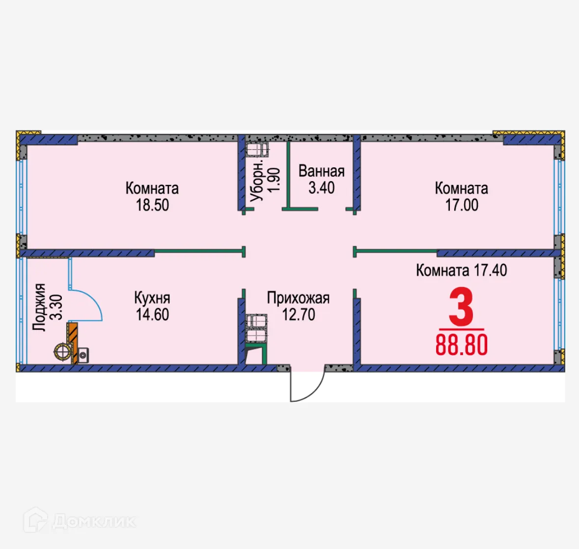 Планировка 3-комнатной квартиры 88.8 м² в ЖК Красный Металлист, г. Ставрополь — фото 1