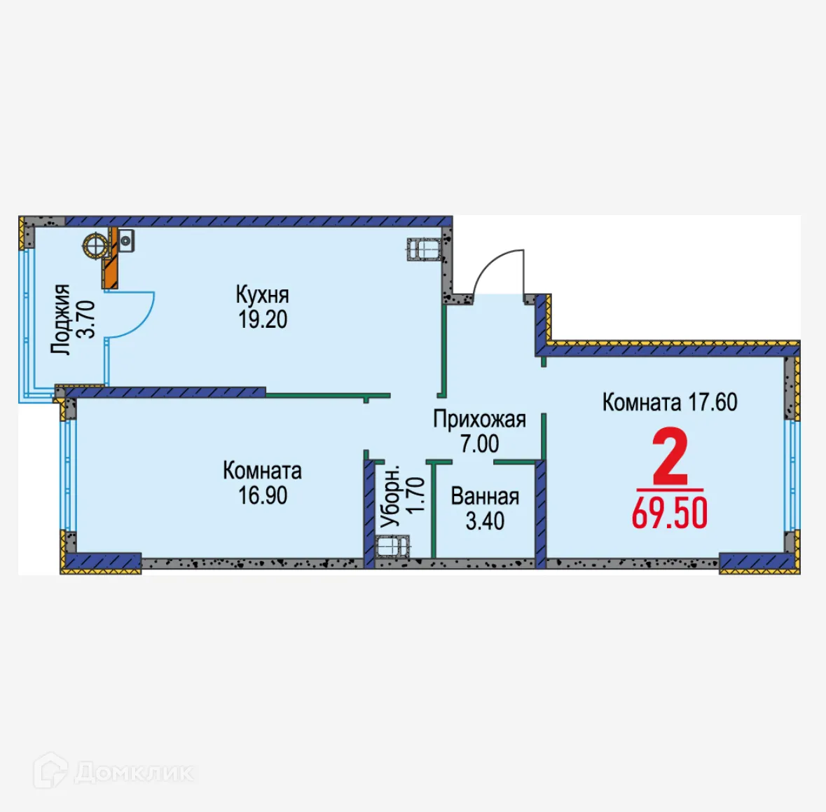 Планировка 2-комнатной квартиры 69.5 м² в ЖК Красный Металлист, г. Ставрополь — фото 1
