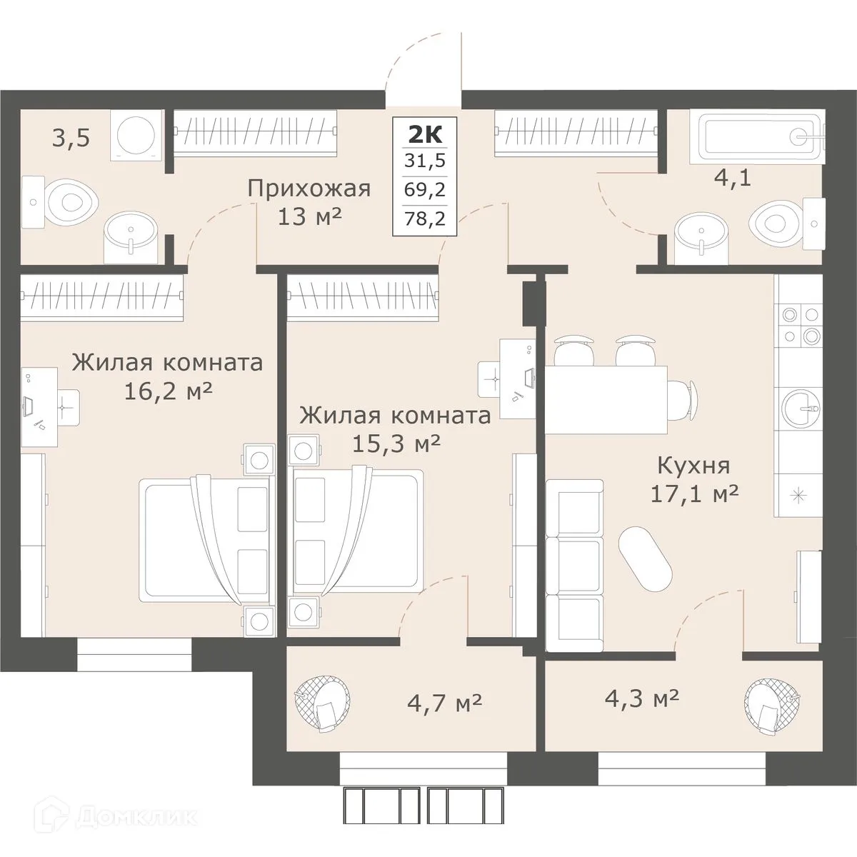 Планировка 2-комнатной квартиры 78.2 м² в ЖК Моне, г. Ставрополь — фото 1