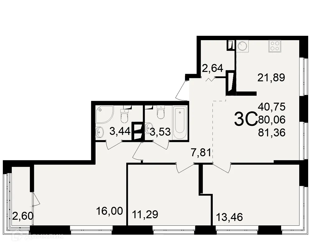 Планировка 3-комнатной квартиры 81.36 м² в ЖК"Новое измерение", г. Рязань — фото 1