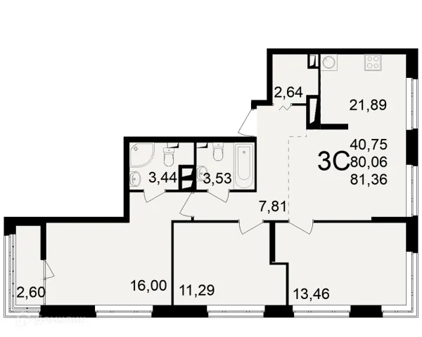 Планировка 3 комн. в ЖК"Новое измерение"