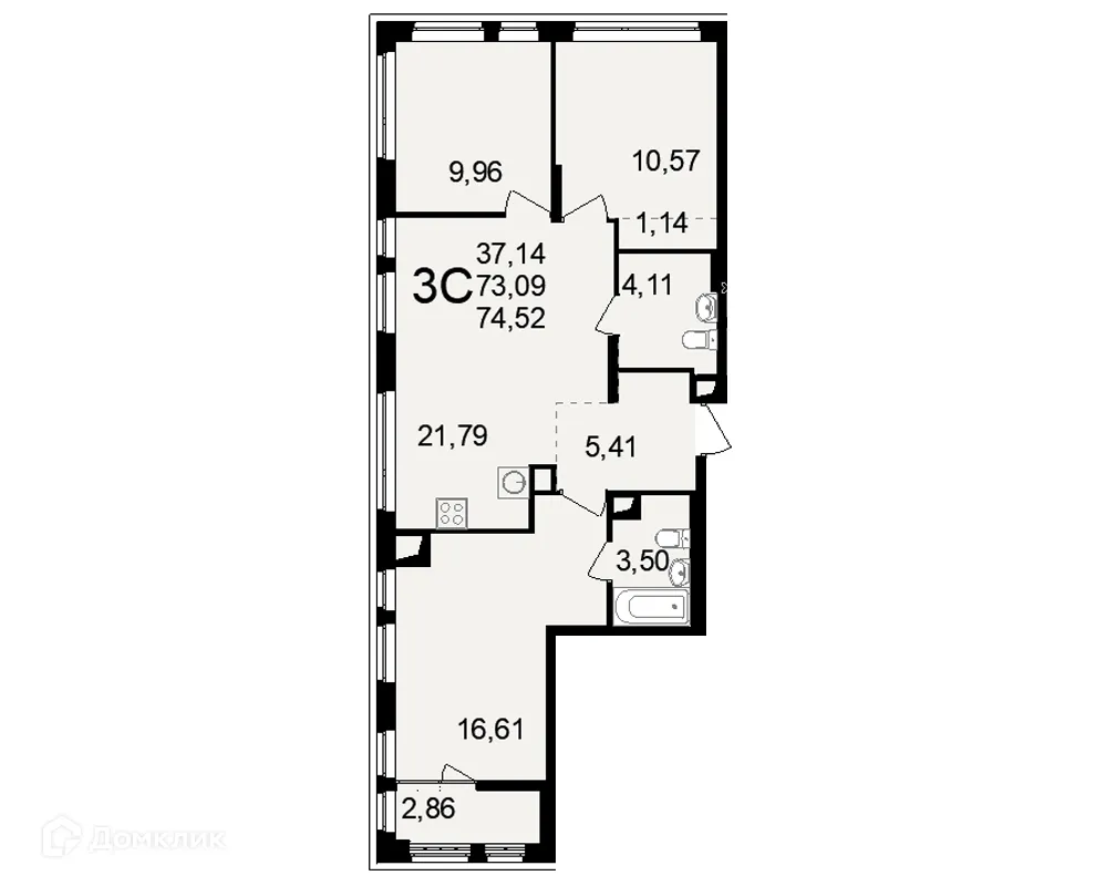 Планировка 3-комнатной квартиры 74.52 м² в ЖК"Новое измерение", г. Рязань — фото 3