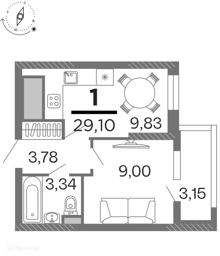 Планировка 1-комнатной квартиры 29.1 м² в ЖК "Бирюзова Парк", г. Рязань — фото 1