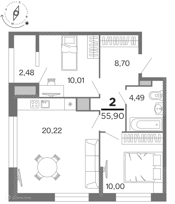Планировка 2-комнатной квартиры 55.9 м² в ЖК "Бирюзова Парк", г. Рязань — фото 1