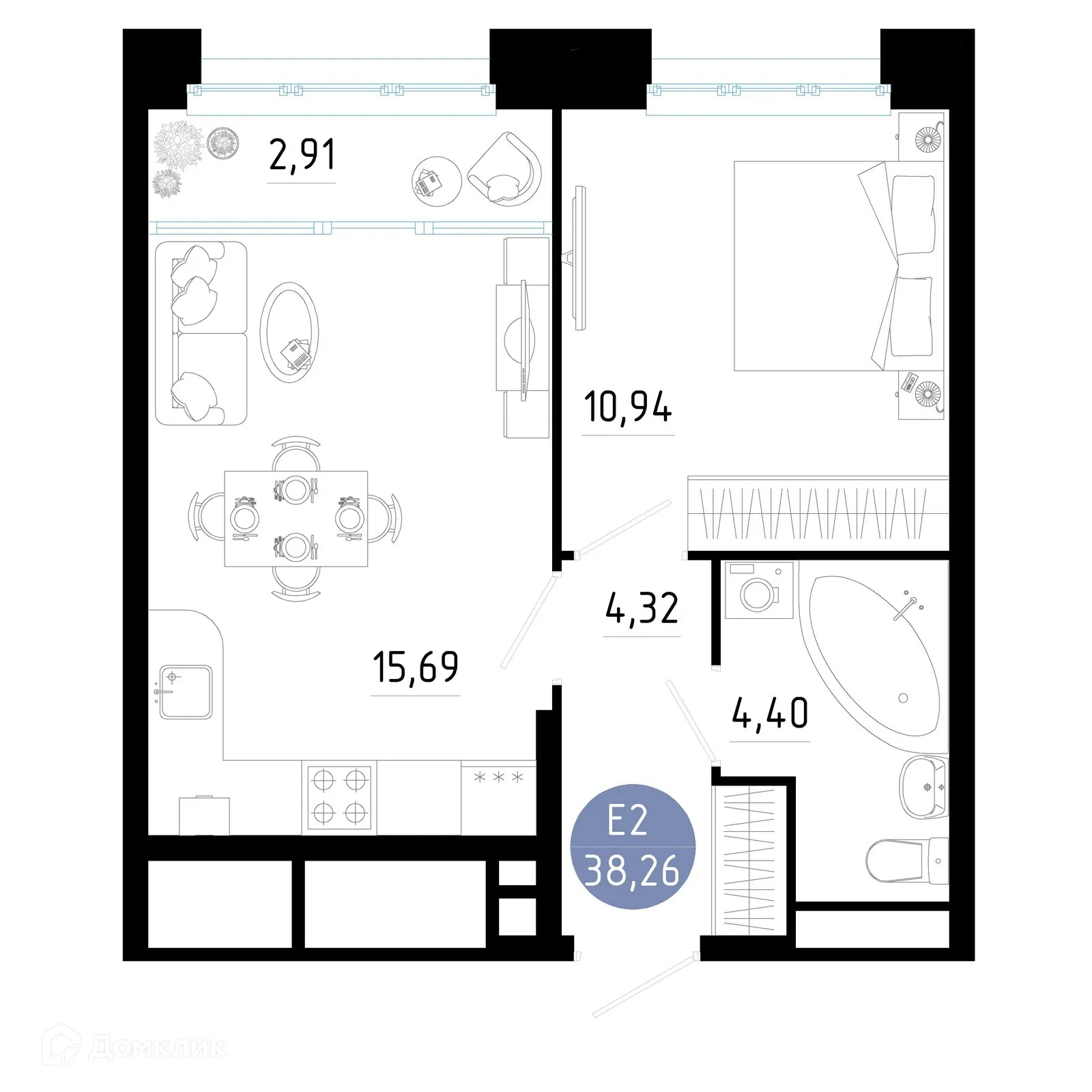 Планировка 1-комнатной квартиры 38.26 м² в ЖК РОЩА, г. Рязань — фото 17