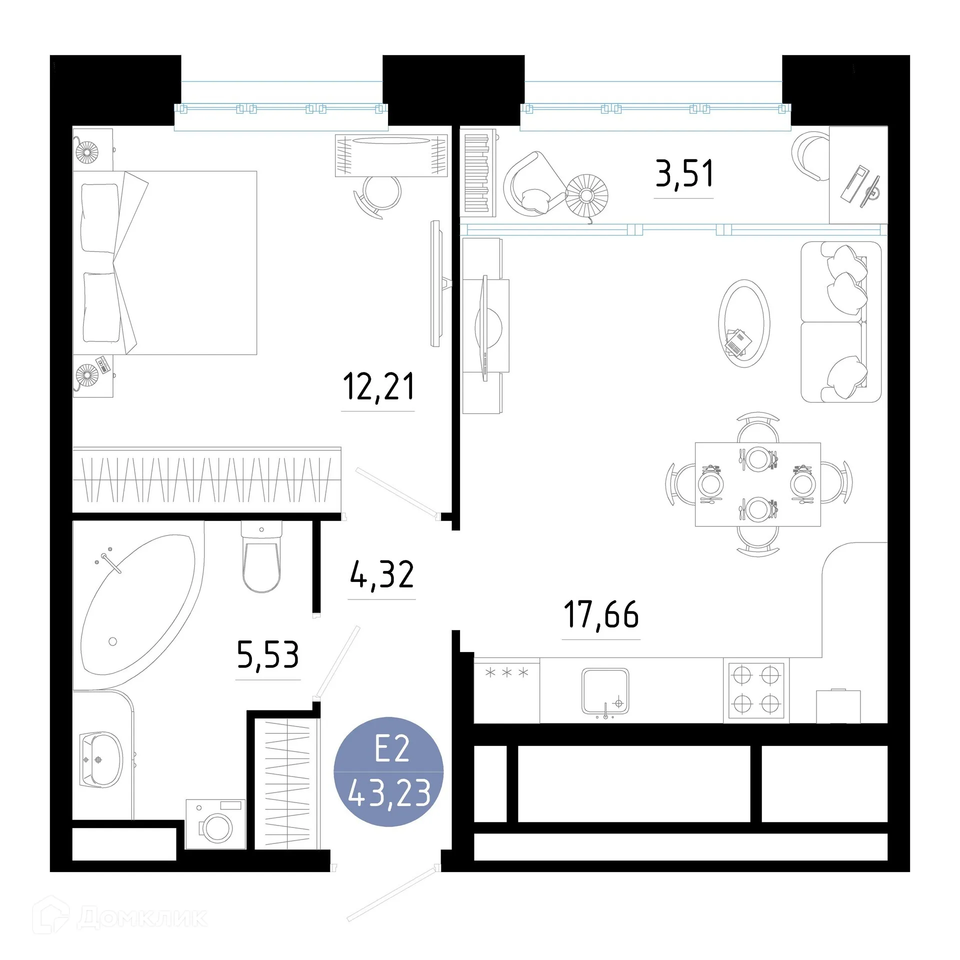 Планировка 1-комнатной квартиры 43.23 м² в ЖК РОЩА, г. Рязань — фото 17