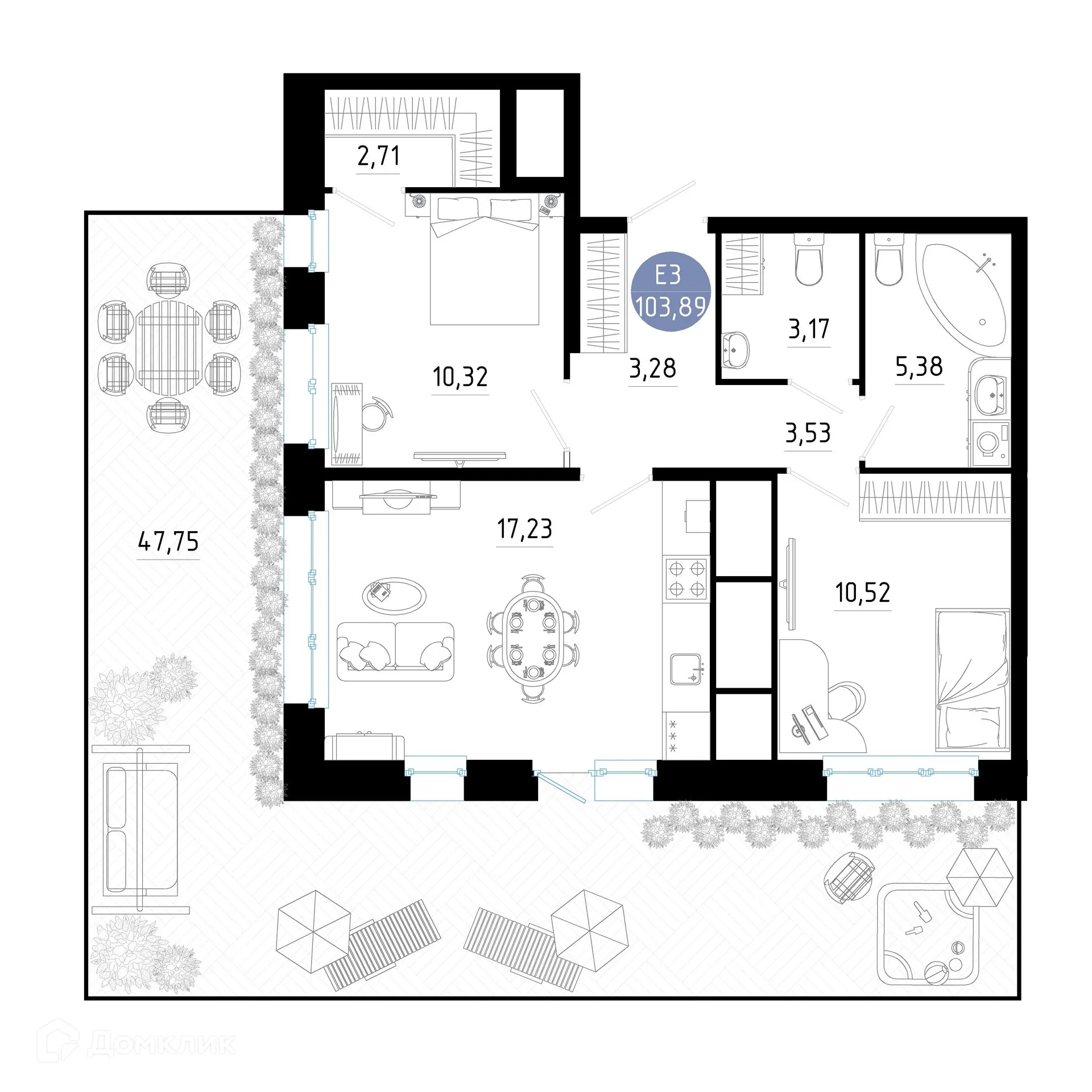 Планировка 2-комнатной квартиры 103.89 м² в ЖК РОЩА, г. Рязань — фото 33