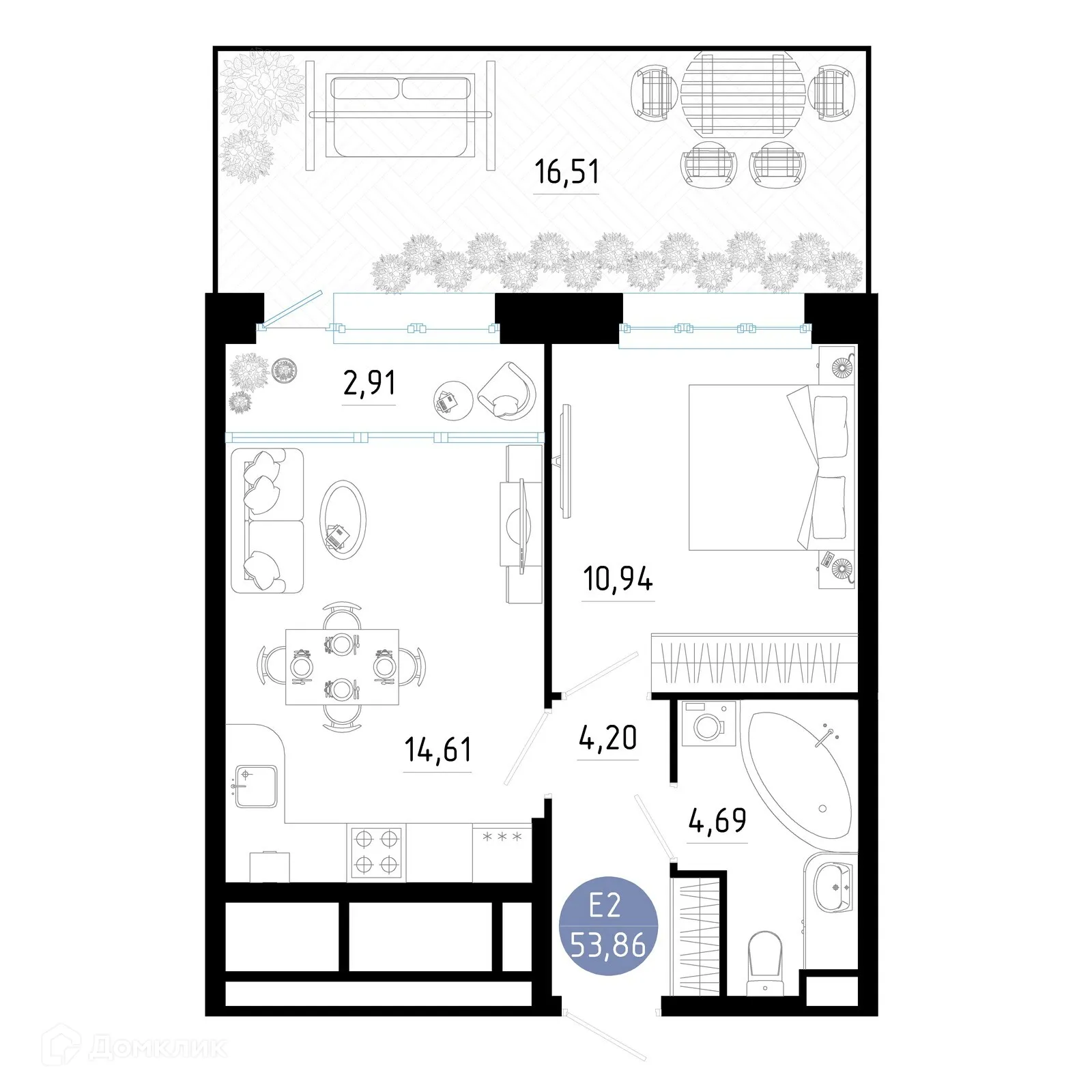 Планировка 1-комнатной квартиры 53.86 м² в ЖК РОЩА, г. Рязань — фото 33