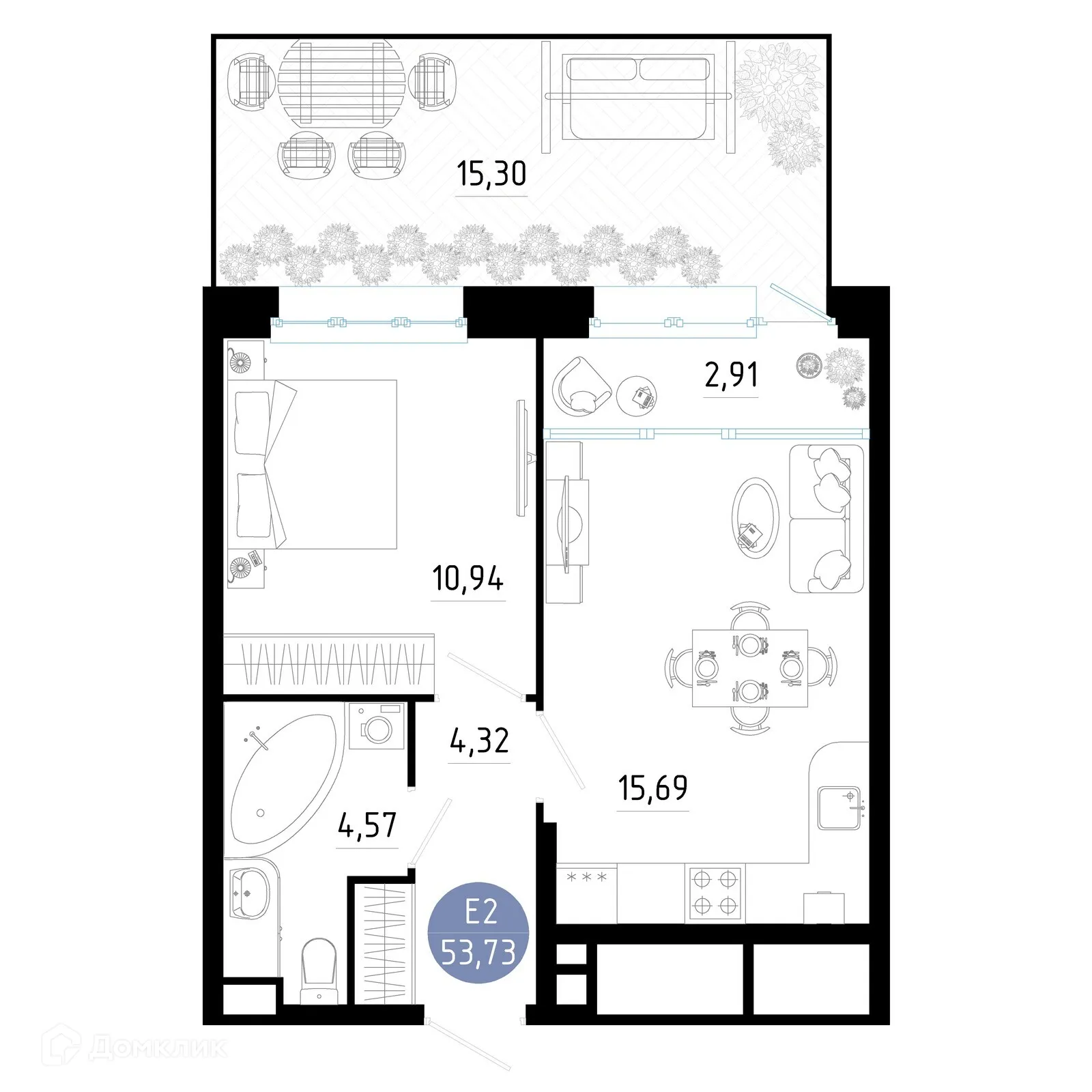 Планировка 1-комнатной квартиры 53.73 м² в ЖК РОЩА, г. Рязань — фото 33