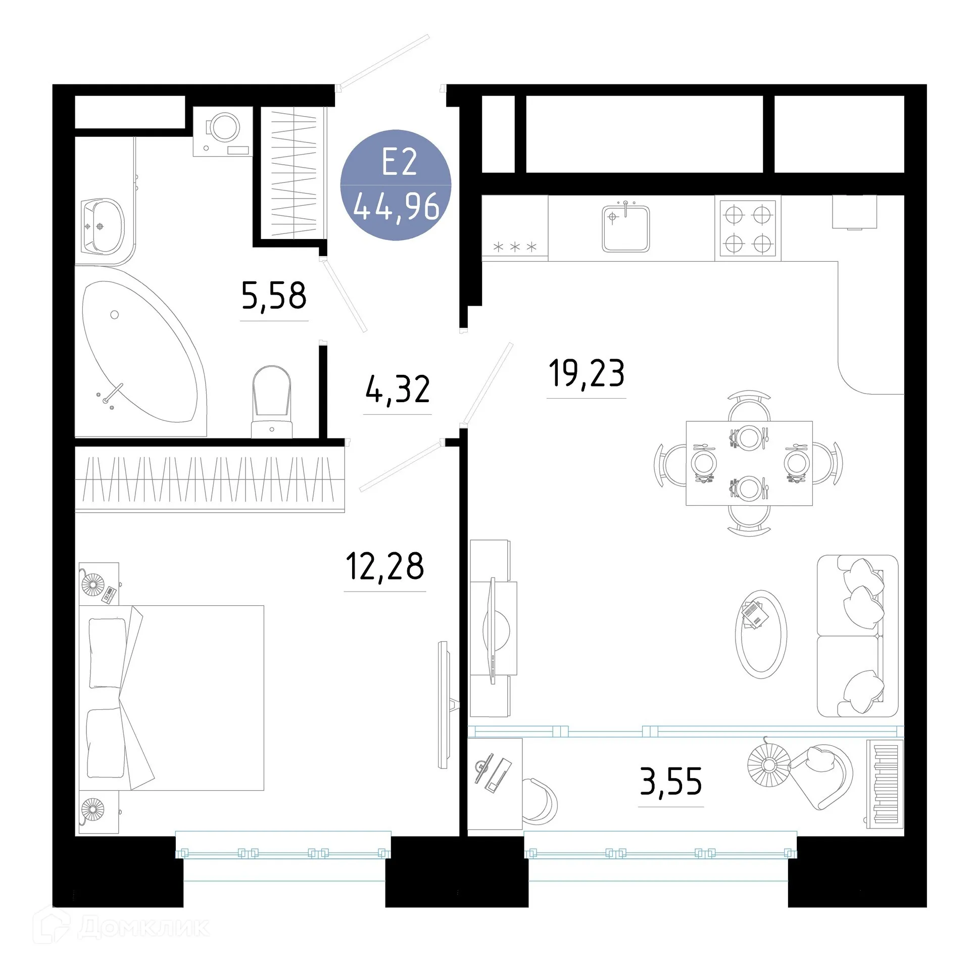 Планировка 1-комнатной квартиры 44.96 м² в ЖК РОЩА, г. Рязань — фото 16