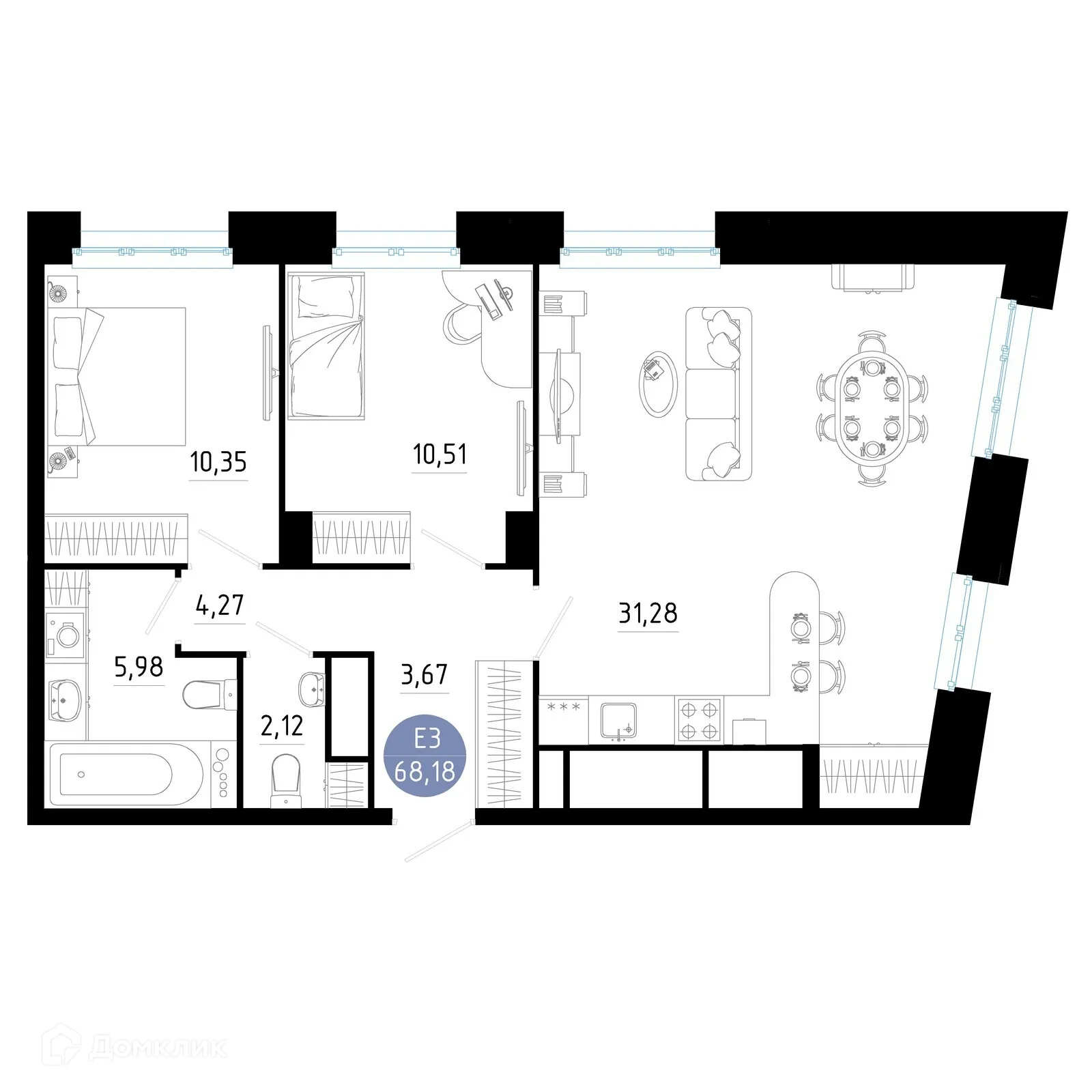 Планировка 2-комнатной квартиры 68.18 м² в ЖК РОЩА, г. Рязань — фото 16