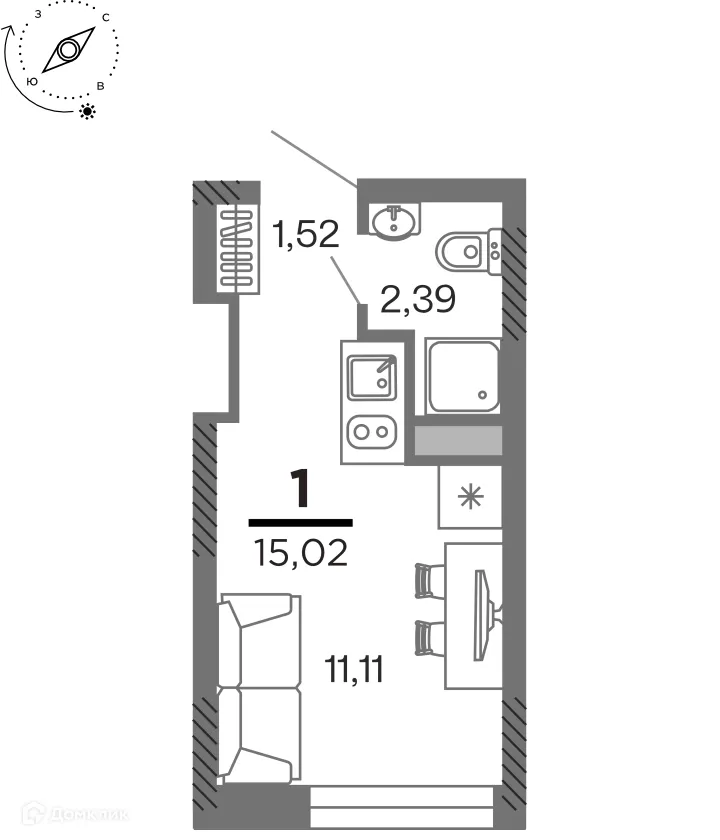 Планировка 1-комнатной квартиры 15.02 м² в ЖК город Рязань, Улица Зубковой, г. Рязань — фото 1