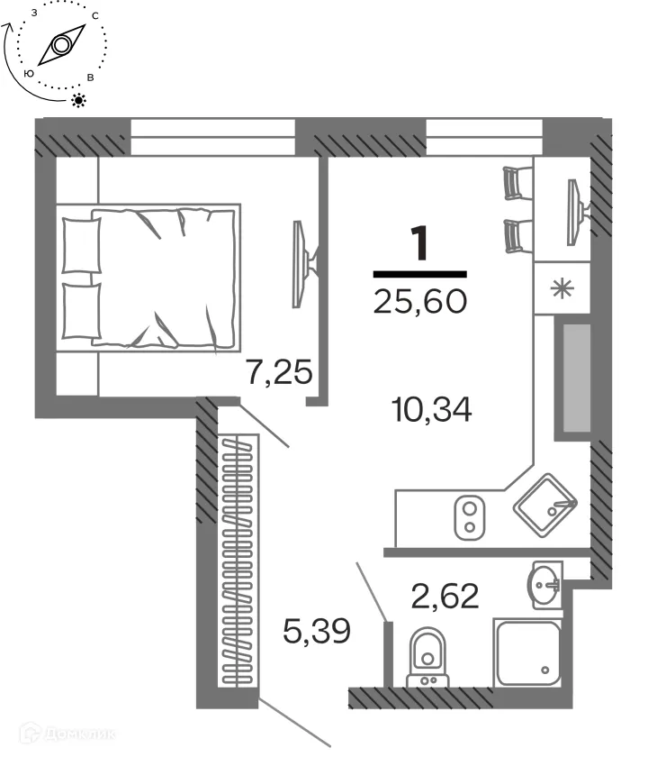 Планировка 1-комнатной квартиры 25.6 м² в ЖК город Рязань, Улица Зубковой, г. Рязань — фото 20
