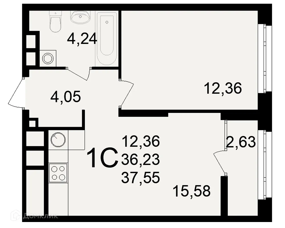 Планировка 1-комнатной квартиры 37.55 м² в ЖК Аура, г. Рязань — фото 1
