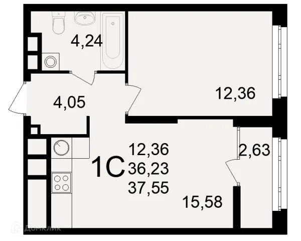 Планировка 1 комн. в ЖК Аура