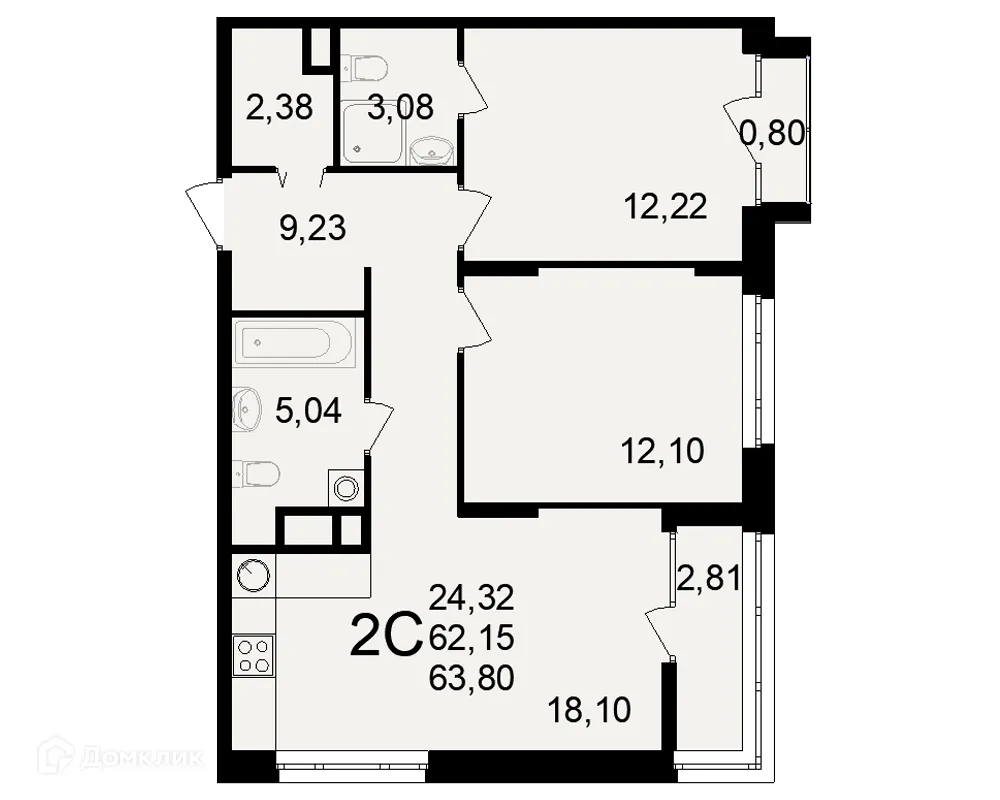 Планировка 2-комнатной квартиры 63.8 м² в ЖК Аура, г. Рязань — фото 3