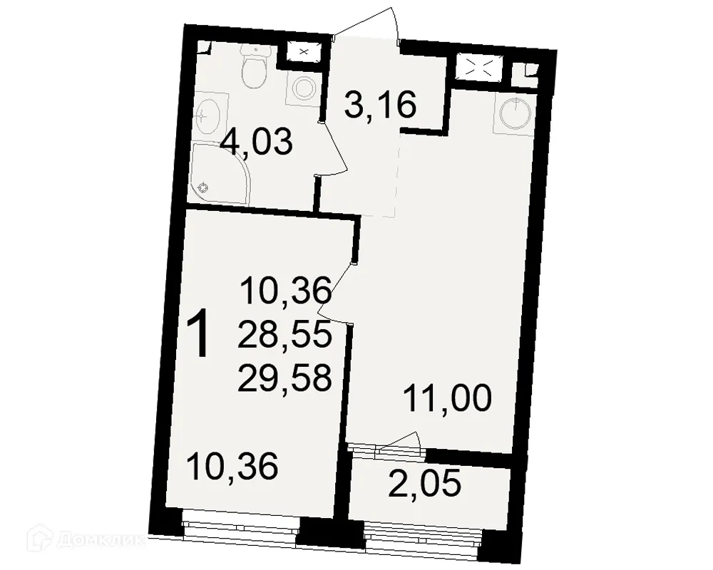 Планировка 1-комнатной квартиры 29.58 м² в ЖК Макроквартал "Свобода", г. Рязань — фото 1