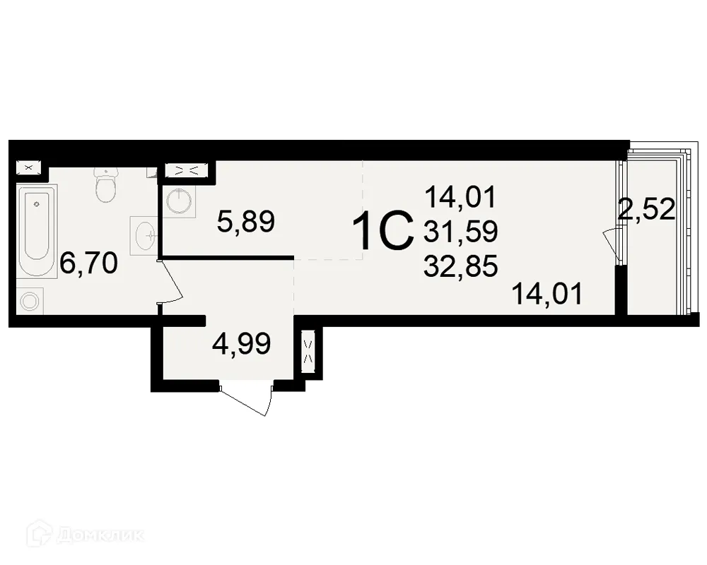 Планировка 1-комнатной квартиры 32.85 м² в ЖК Макроквартал "Свобода", г. Рязань — фото 1