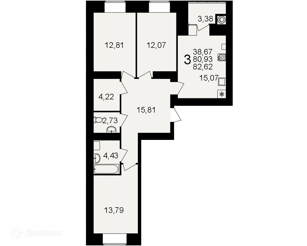 Планировка 3-комнатной квартиры 82.62 м² в ЖК Видный, г. Рязань — фото 3