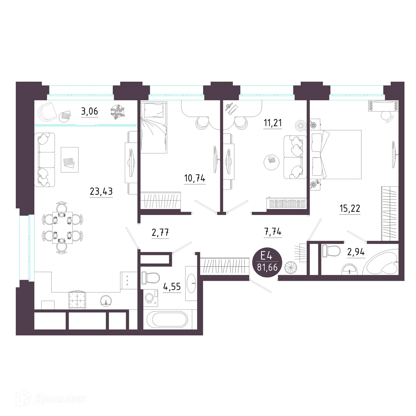 Планировка 3-комнатной квартиры 81.66 м² в ЖК Крылья, г. Рязань — фото 17