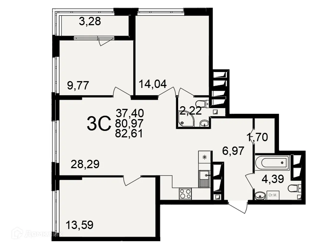 Планировка 3-комнатной квартиры 82.61 м² в ЖК Большая история, г. Рязань — фото 2