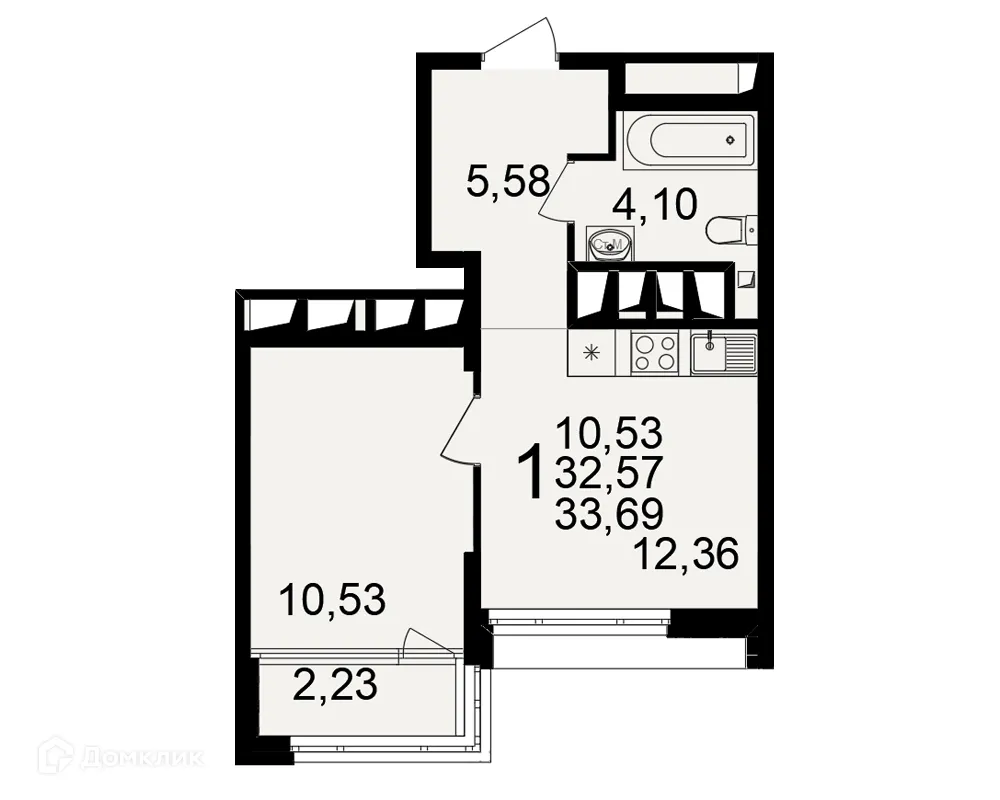Планировка 1-комнатной квартиры 33.69 м² в ЖК Большая история, г. Рязань — фото 2