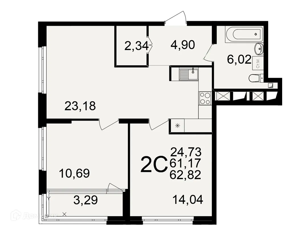 Планировка 2-комнатной квартиры 62.82 м² в ЖК Большая история, г. Рязань — фото 1