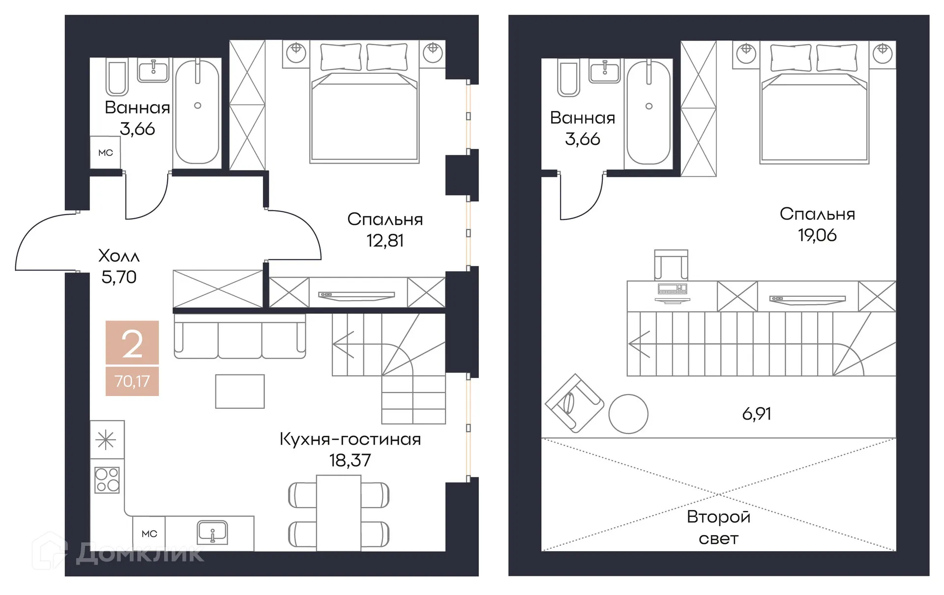 Планировка 2-комнатной квартиры 70.17 м² в ЖК Резиденция Поляна, г. Рязань — фото 16
