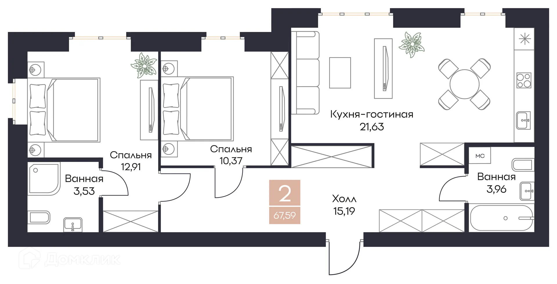 Планировка 2-комнатной квартиры 67.59 м² в ЖК Резиденция Поляна, г. Рязань — фото 11