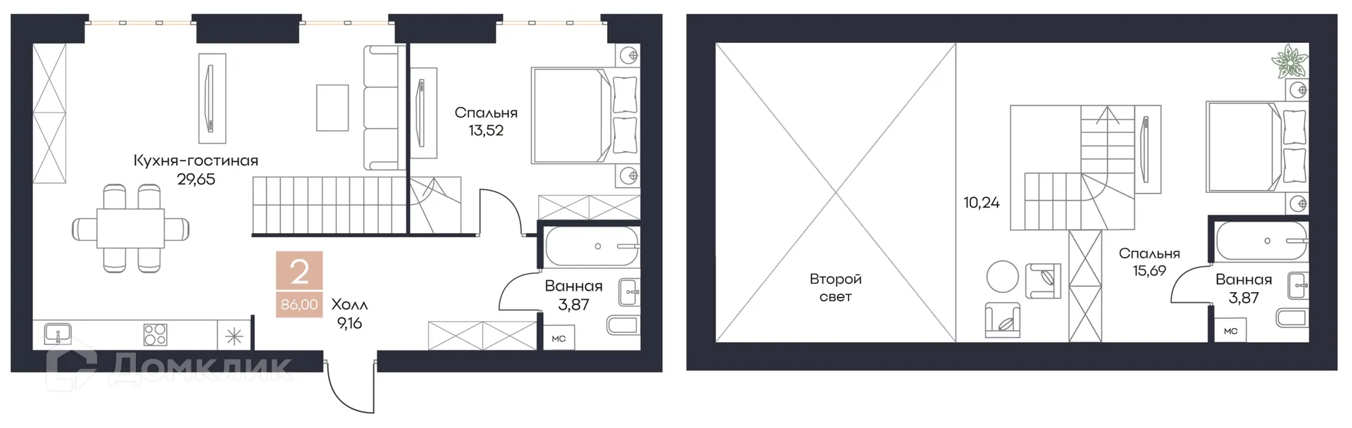 Планировка 2-комнатной квартиры 86 м² в ЖК Резиденция Поляна, г. Рязань — фото 27