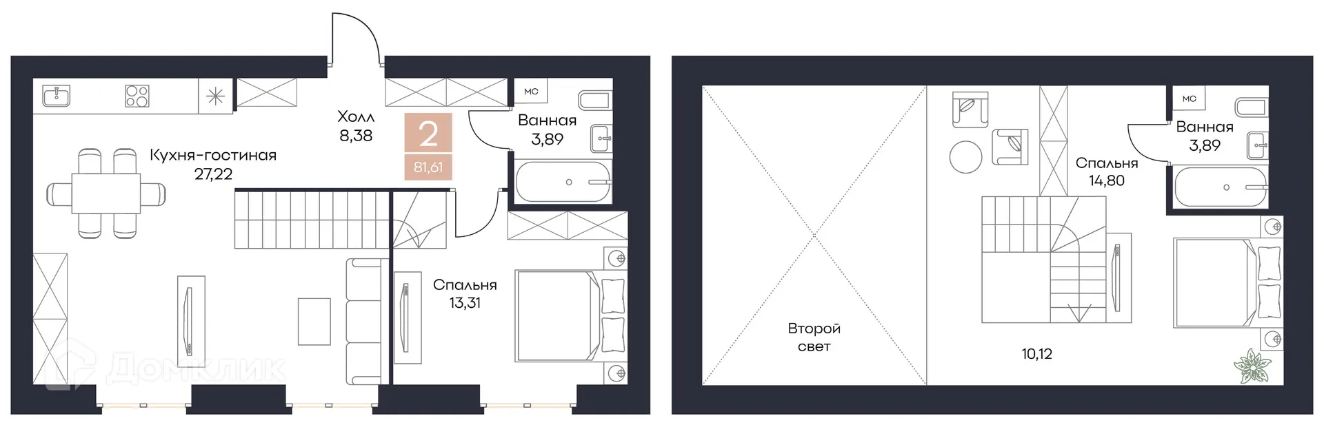 Планировка 2-комнатной квартиры 81.61 м² в ЖК Резиденция Поляна, г. Рязань — фото 15