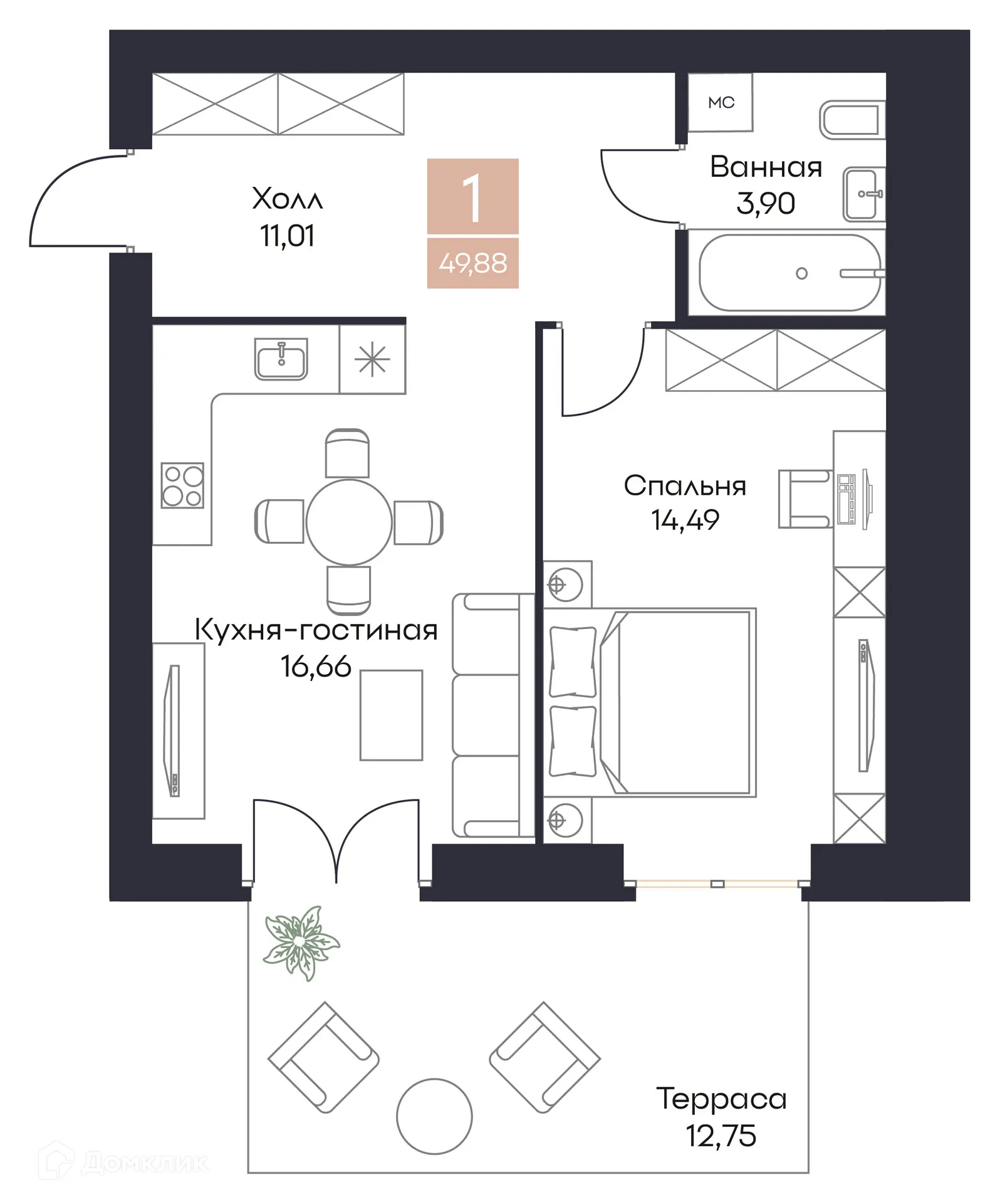 Планировка 1-комнатной квартиры 49.89 м² в ЖК Резиденция Поляна, г. Рязань — фото 11