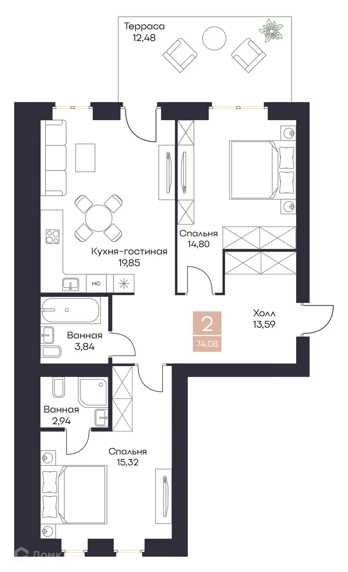 Планировка 2-комнатной квартиры 74.08 м² в ЖК Резиденция Поляна, г. Рязань — фото 11