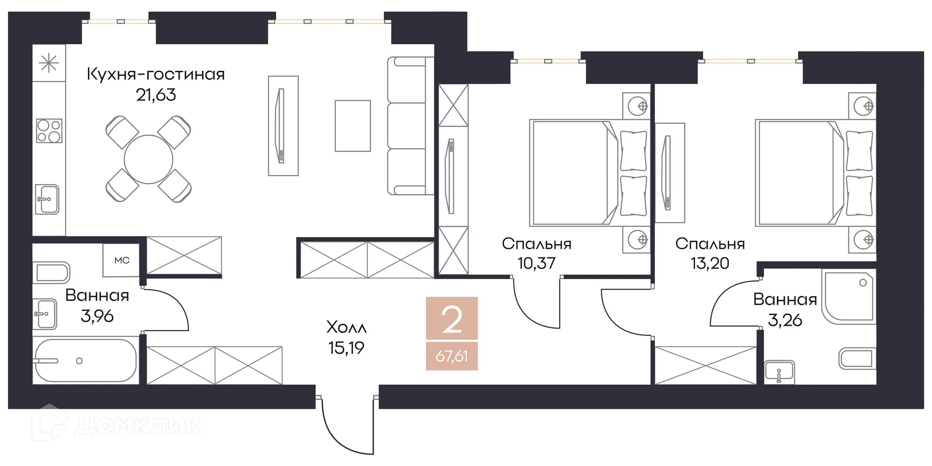 Планировка 2-комнатной квартиры 67.61 м² в ЖК Резиденция Поляна, г. Рязань — фото 11