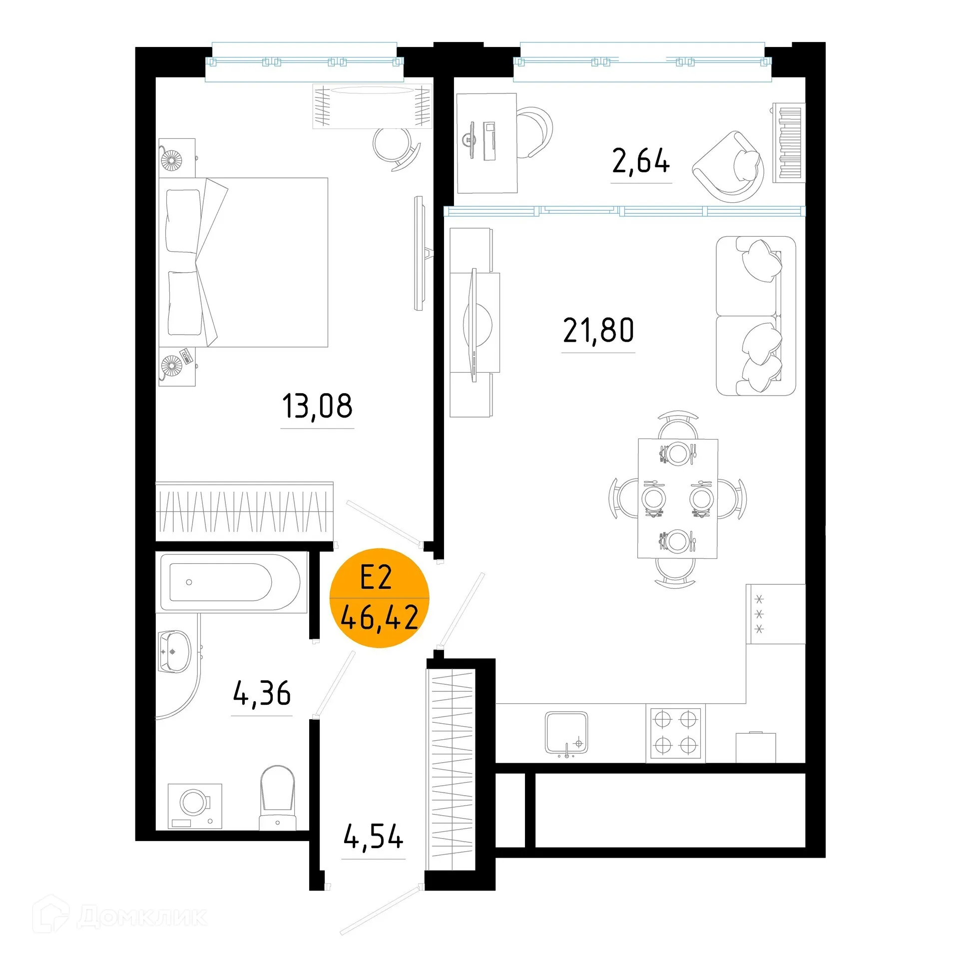 Планировка 1-комнатной квартиры 46.42 м² в ЖК Смарт Квартал ЦЕНТРАЛЬНЫЙ, г. Рязань — фото 34