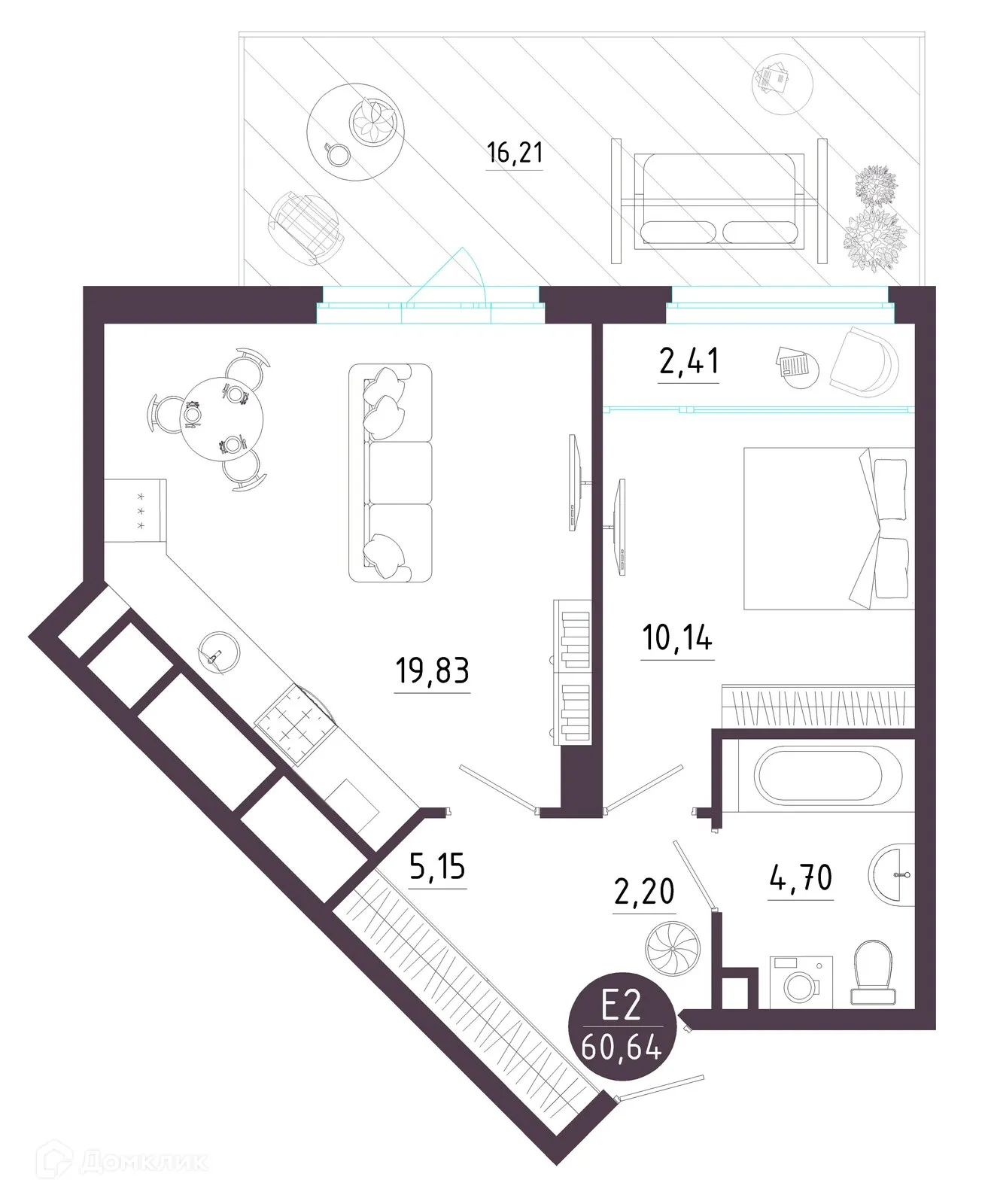 Планировка 1-комнатной квартиры 60.42 м² в ЖК Крылья, г. Рязань — фото 31