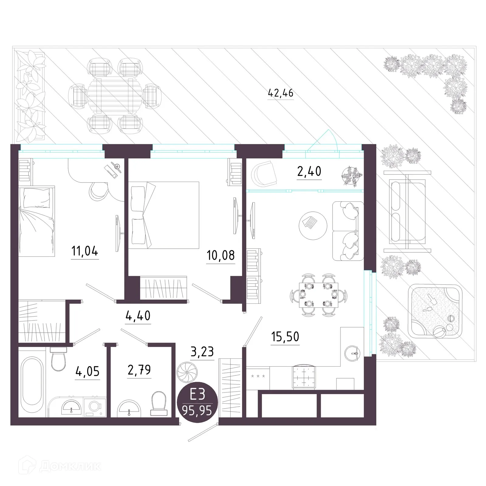 Планировка 2-комнатной квартиры 95.99 м² в ЖК Крылья, г. Рязань — фото 16