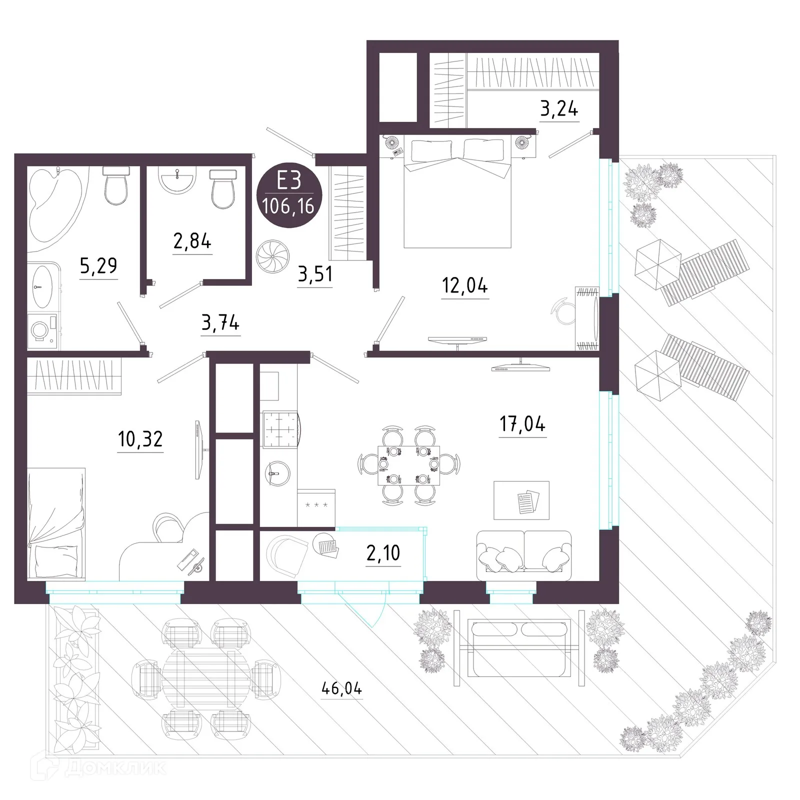 Планировка 2-комнатной квартиры 106.87 м² в ЖК Крылья, г. Рязань — фото 16